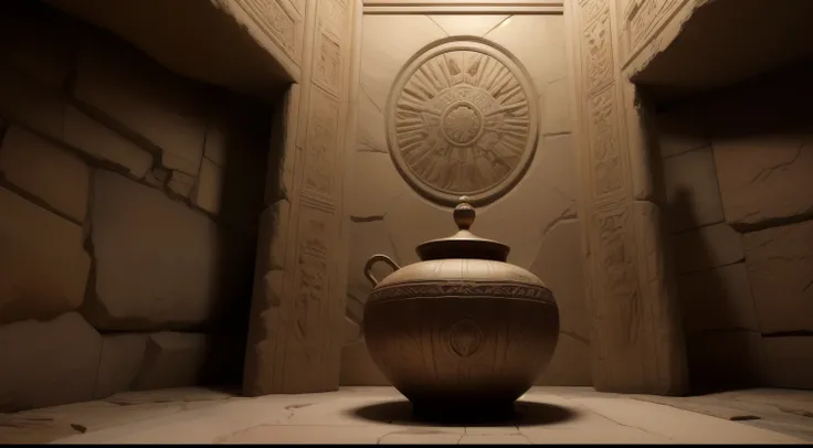 ((best quality)), ((masterpiece)), ((realistic)), A photograph of a petroglyph, rectilinear, rough stone texture, sunlit underground chamber of a temple, intricate native American symbols that seem to tell the story of an ancient deity watering their plant...
