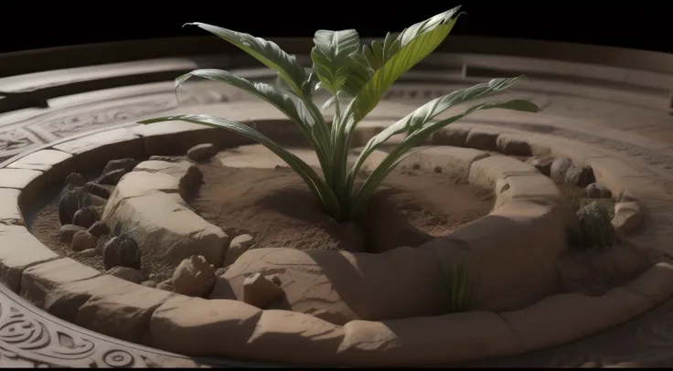 ((best quality)), ((masterpiece)), ((realistic)), A photograph of a petroglyph, rectilinear, rough stone texture, sunlit underground chamber of a temple, intricate native American (symbols that seem to tell the story of an ancient deity watering their plan...