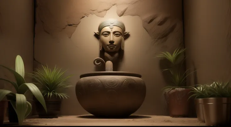 ((best quality)), ((masterpiece)), ((realistic)), A photograph of a petroglyph, rectilinear, rough stone texture, sunlit underground chamber of a temple, intricate native American (symbols that seem to tell the story of an ancient deity watering their plan...
