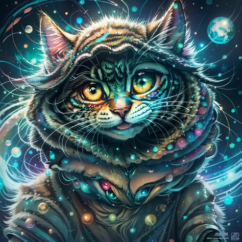 magic disco cat, drop, colorful, happy, stars, space, watercolor wash, reflective eyes, improves the eyes, dark, glowing eyes, a...