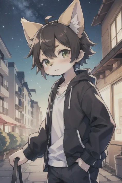 Chico gato blanco, ojo izquierdo verde, ojo derecho azul, anime, Fursona, peludo, kemono, delgado, tierno, 10 years old, brown hair, hombre, sentado en el techo de un edificio por la noche mirando hacia el cielo