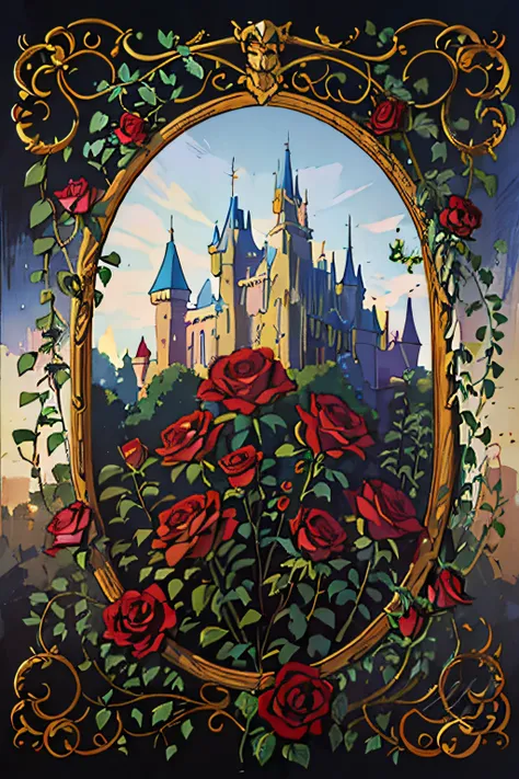 minimalist image of a castle with red roses in the foreground, disney art, beautiful castle, magical castle, disneyland backgrou...