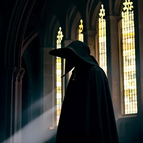 a  plague doctor in an medieval cathedral,   occult, dark theme, volumetric light, natural light, eyes hidden, dark lighting, gl...