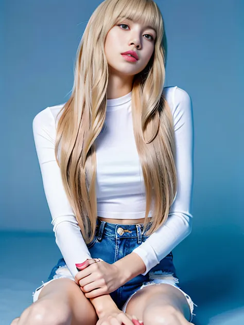 lisa light yellow long hair, lisa face shape, wearing a tight white t-shirt, open waist, light blue denim shorts, long legs, mas...