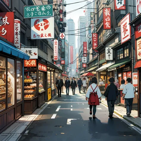 city crouded with people in a small street full of restaurants and shops in japan --auto --s2