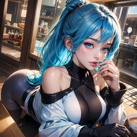 8K、top-quality、Masterpiece、An ultra-high picture quality、ultra-detailliert、Super beautiful、animesque、Ultra-realistic flesh feeling、full bodyesbian、Drinking a latte、Off-shoulder blue knitwear、Beautuful Women、Long blue hair、poneyTail、Blue eyes、shinny skin、Ve...