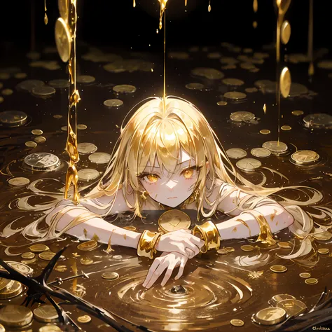 molten gold,gold bullion,coin,wearing lots of gold accessories,1girl,slime girl,shiny skin,goldpowder,metalheart,liquid metal gi...