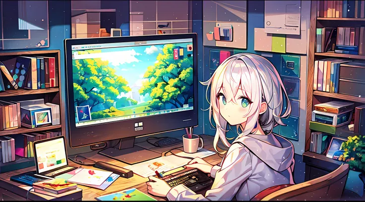 colorful,  illustration,2d illustration, abstract,1 girl，white hair, tree,desk,computer,clear backgroud,wall paintings