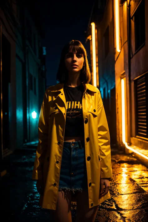 1girl ,  veronicacipher, tshirt, yellow coat, raining, cyberpunk, dark alley, midnight, neon light, bladerunner,
(35mmstyle:1.1)...