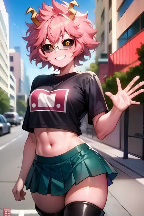 solo, ashido mina, pink skin, yellow eyes, black sclera, horns, pink hair, logo shirt, pleated skirt, midriff, thigh boots,  smi...