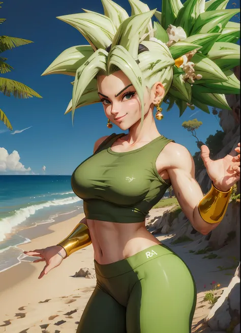 (melhor qualidade, obra-prima), cabelo verde, brincos verdes, yoga pants, yoga bra, pele apertada, tonificado, smug, sorriso, kefla, cintura fina, luz de fundo, rosto detalhado, queixo detalhado, perfect hands, radiante, unreal engine, 4k