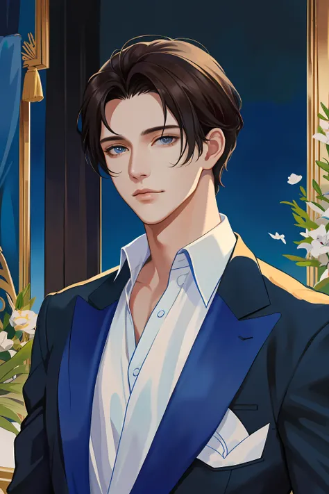 masterpiece, top-quality, realisitic, 1人, Mens Focus,, tall muscular, a handsome, Adonis,Beautiful youth、 portraitures, extra detailed face, (Dark hair), Untidy hair, suits、 blue open sky