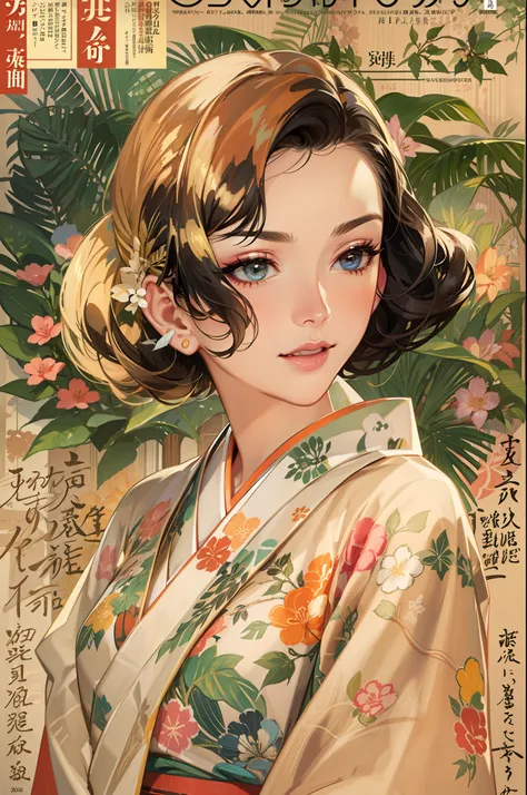 beautuful women、bob cuts、eye shadow、kimono、a detailed face、old magazine cover、nostalgic ambiance、