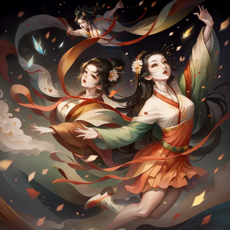 dunhuang style，flying，skirts，streamers，flowy，abstracted，long coats fluttering，long whitr hair，the soft light，hazy，