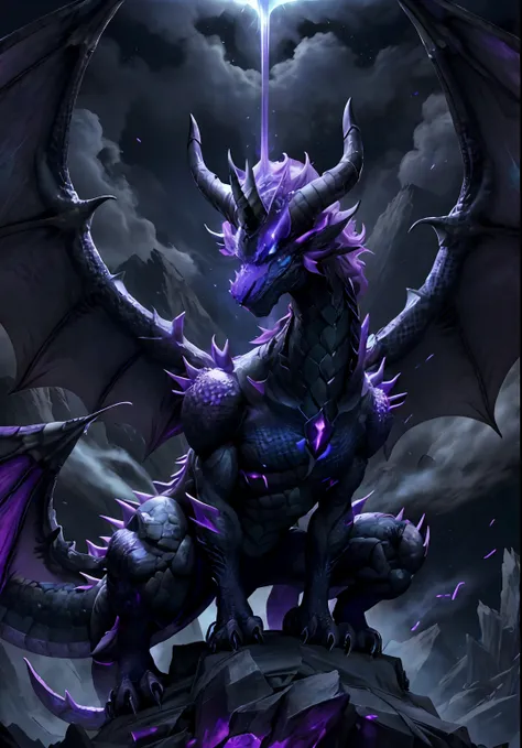 powerful dragon with black and purple scales, crystalline horns, dark aura, powerful creature, blue eyes, with a halo on top of ...