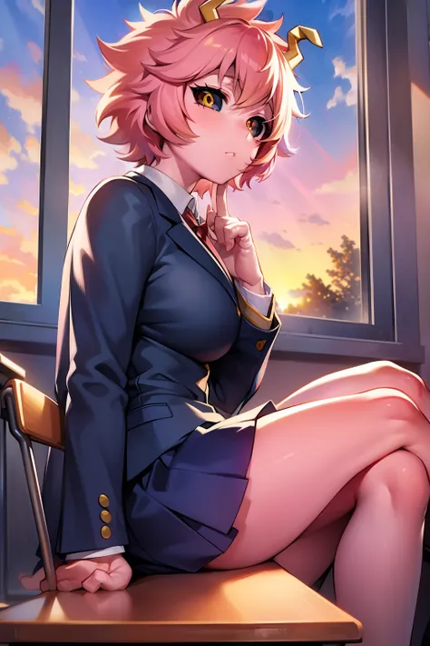 (masterpiece:1.2), solo, ashido mina, pink skin, yellow eyes, (black sclera:1.2), horns, pink hair, school uniform, sitting, sun...