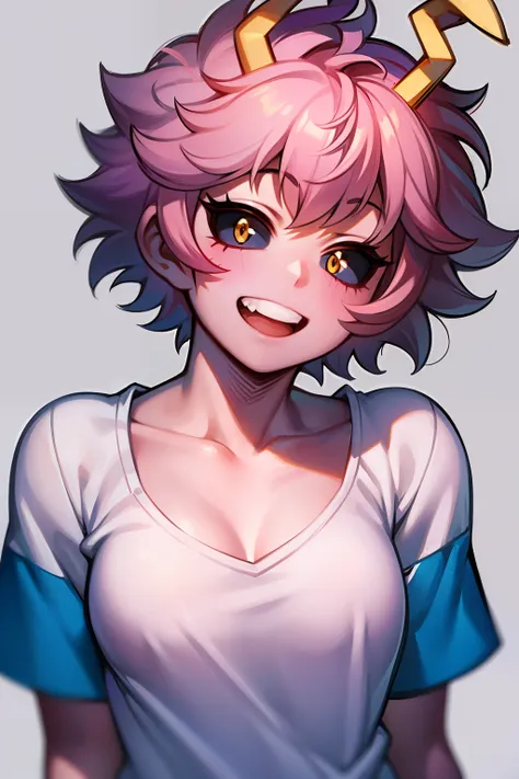 mina ashido, 1girl, solo, breasts, short hair, medium breasts, shirt, white background, collarbone, yellow eyes, upper body, pin...