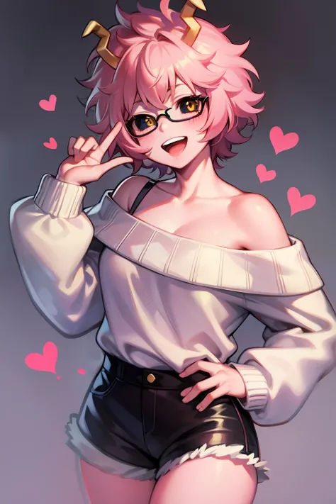 mina ashido, 1girl, solo, looking at viewer, smile, short hair, open mouth, simple background, long sleeves, white background, b...