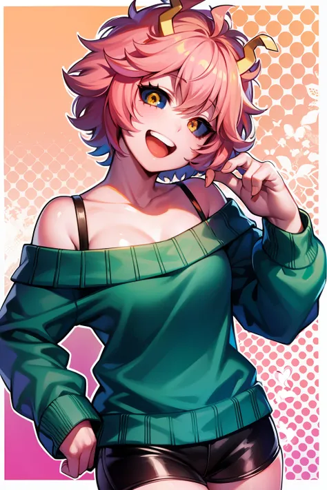 mina ashido, 1girl, solo, looking at viewer, smile, short hair, open mouth, simple background, long sleeves, white background, b...