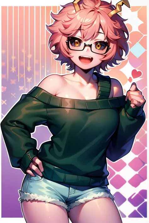 mina ashido, 1girl, solo, looking at viewer, smile, short hair, open mouth, simple background, long sleeves, white background, b...