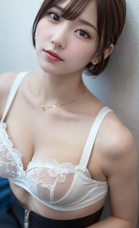 8K,Professional Lighting ,Aerial perspective ,超A high resolution ,(photographrealistic: 1.3) ,kawaii , (tits out:1.1) ,vivid flowers ,plain white bra,Detailed face ,bob cuts ,Cowboy Shot ,asymmetrical composition ,