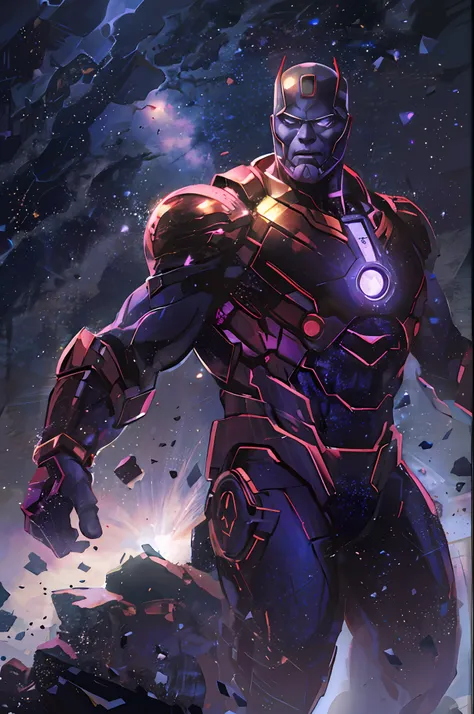 thanos en el espacio con una lluvia de meteoritos al fondo, traje de ironman 1:2, rostro de thanos perfecto morado detallado, pl...