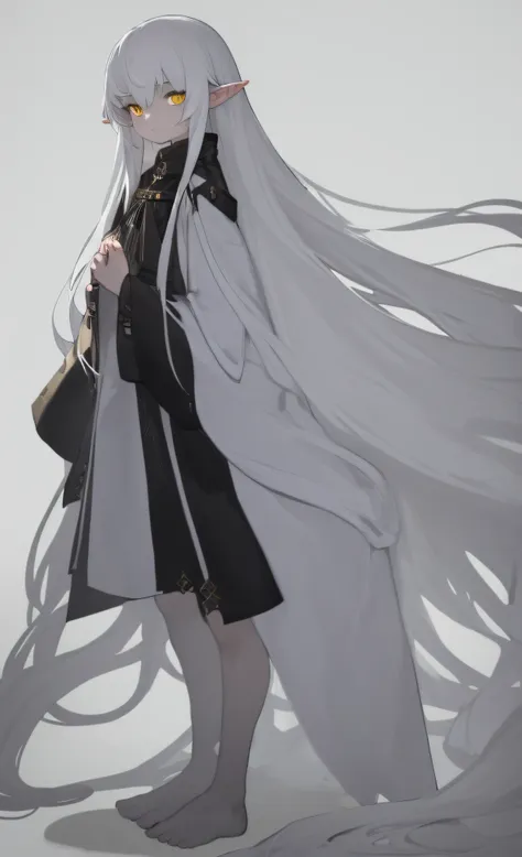 white background, best quality, generation 4, 1boy, solo, white hair, yellow eyes, elf, pointy ears, absurdly long hair, robe, f...