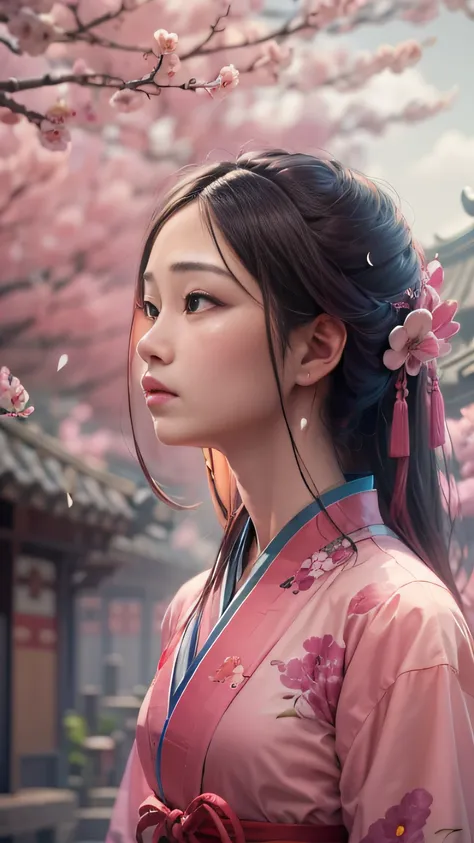 oriental classical woman with delicate facial features，wearing a pink dress，she looked up，look at the peach blossoms outside the...