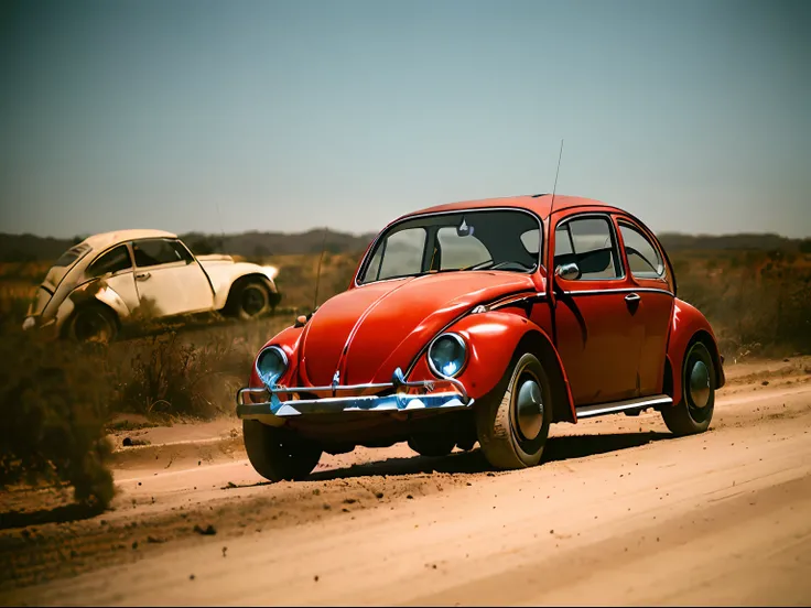 analog gloomy photo of a (dark red) Volkswagen Beetle car, ((three quarter view)), (dark sunset), driving on a dirt road, (dilapidated town), 1969, ((horror movie)), slasher film, texas chainsaw massacre, amish cult, film grain, retro, High Detail, Sharp ...
