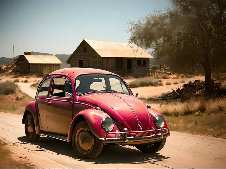 analog gloomy photo of a (dark red) Volkswagen Beetle car, ((three quarter view)), (dark sunset), driving on a dirt road, (dilapidated town), 1969, ((horror movie)), slasher film, texas chainsaw massacre, amish cult, film grain, retro, High Detail, Sharp ...