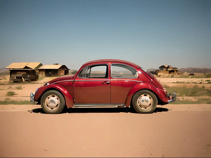 analog gloomy photo of a (dark red) Volkswagen Beetle car, ((three quarter view)), (dark sunset), driving on a dirt road, (dilapidated town), 1969, ((horror movie)), slasher film, texas chainsaw massacre, amish cult, film grain, retro, High Detail, Sharp ...