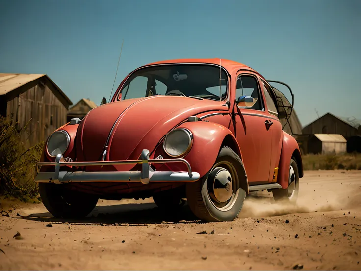 analog gloomy photo of a (dark red) Volkswagen Beetle car, ((three quarter view)), (dark sunset), driving on a dirt road, (dilapidated town), 1969, ((horror movie)), slasher film, texas chainsaw massacre, amish cult, film grain, retro, High Detail, Sharp ...