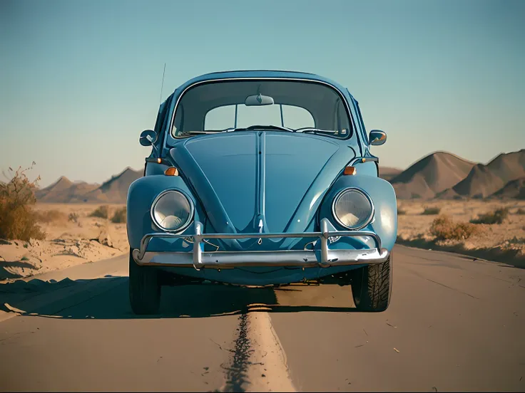 analog gloomy photo of a (blue) Volkswagen Beetle car, ((three quarter view)), (dark sunset), driving on a dirt road, (dilapidated town), 1969, ((horror movie)), slasher film, texas chainsaw massacre, amish cult, film grain, retro, High Detail, Sharp focu...
