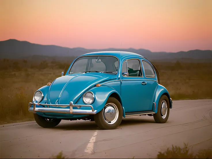 analog gloomy photo of a (blue) Volkswagen Beetle car, ((three quarter view)), (dark sunset), driving on a dirt road, (dilapidated town), 1969, ((horror movie)), slasher film, texas chainsaw massacre, amish cult, film grain, retro, High Detail, Sharp focu...
