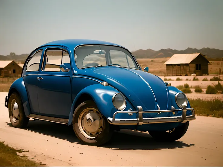 analog gloomy photo of a (blue) Volkswagen Beetle car, ((three quarter view)), (dark sunset), driving on a dirt road, (dilapidated town), 1969, ((horror movie)), slasher film, texas chainsaw massacre, amish cult, film grain, retro, High Detail, Sharp focu...