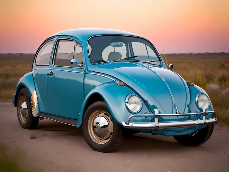 analog gloomy photo of a (blue) Volkswagen Beetle car, ((three quarter view)), (dark sunset), driving on a dirt road, (dilapidated town), 1969, ((horror movie)), slasher film, texas chainsaw massacre, amish cult, film grain, retro, High Detail, Sharp focu...