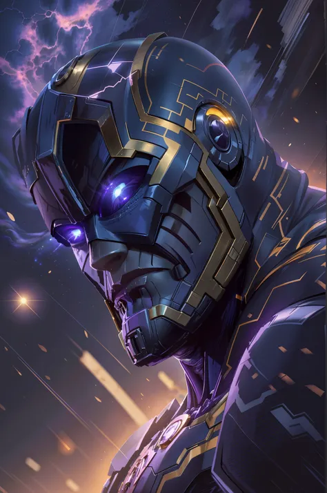 Thanos en el cielo con un ojo brillante y un casco brillante, Retrato de Thanos, Rasgos de estilo Thanos, Galactus, Thanos, Galactus!!!!, Arte digital 4K altamente detallado, Arte digital detallado 4K, Artgerm extremadamente detallado, Obra maestra de ArtS...