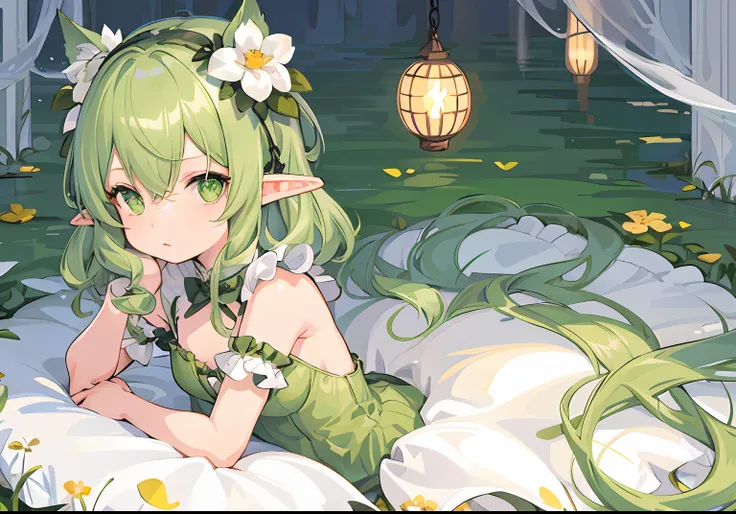 two-dimensional – a loli lying in bed，style image with green leaves on the head, elf girl, small curvaceous loli, pisif, little ...