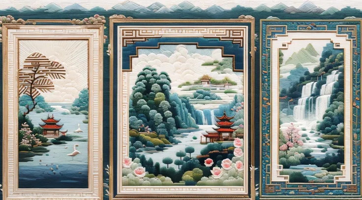 needle point embroidery，（cross-stitch landscape，embroidered landscape），antique game scene design，white crane，lotuses，waterfallr，...