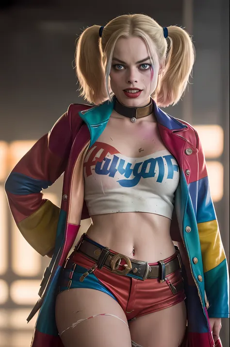 margot robbie as harley quinn in suicide squad, full body, soft lighting, dynamic angle, realistic lighting, photo by robert ada...