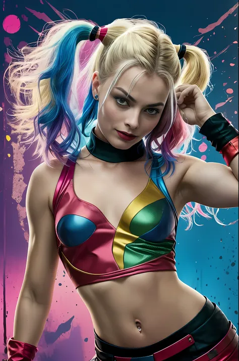 margot robbie as harley quinn in suicide squad, corpo inteiro, soft-lighting, dinamic angle, lifelike lighting, foto de robert a...