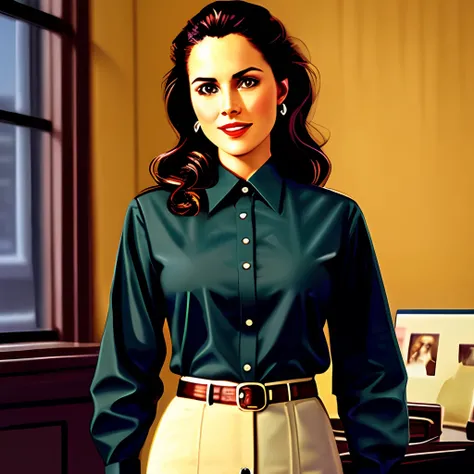 a waist-length portrait of a young woman in a office shirt, smile, office, natural skin texture, 4k textures, hdr, intricate, highly detailed, sharp focus, cinematic look, hyperdetailed dime detective, cover art, illustration