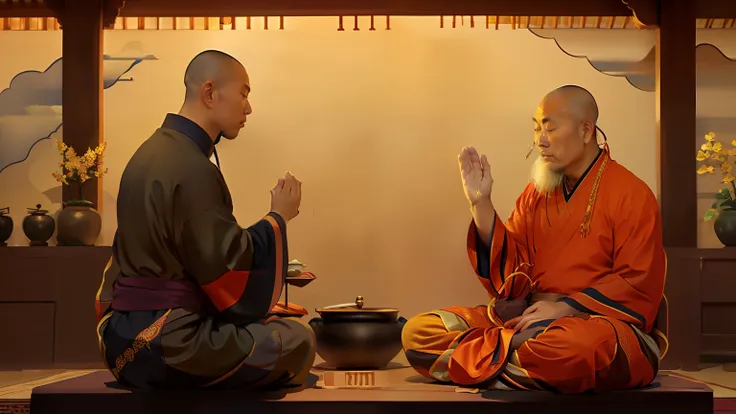 two monks sitting on the floor talking to each other, arte conceitual de um monge, wearing flowing robes, taoism, 2 1 st century...