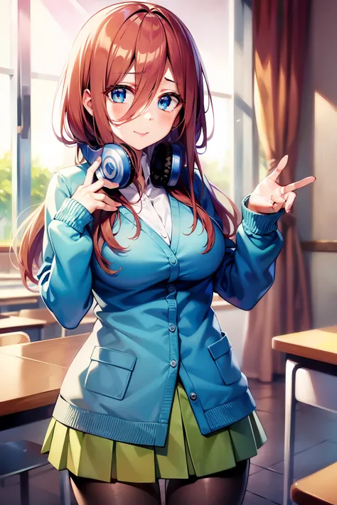 mikunakano, miku nakano, long hair, bangs, blue eyes, brown hair, shirt, hair between eyes, headphones, cardigan, headphones aro...