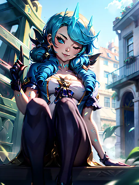 League of Legends Gwen, Wearing Viegos crown, Viegos crown, Green Viego crown, Viego crown, 3 spiked Viego crown, glowing Viego crown, Viego headpieace, SFW, winking, one eye closed, Gwens dress, Gwens outfit, Gwens hair, Gwens gloves, Gwens shoes, Gwens l...