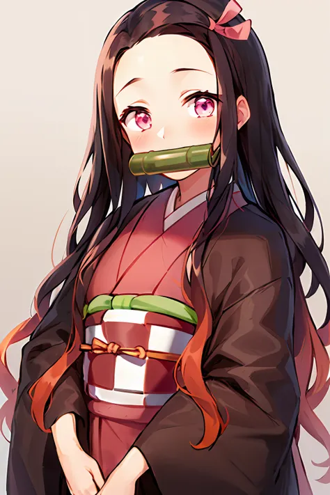 kamado nezuko, 1girl, bamboo, bit gag, brown hair, checkered sash, gag, gagged, gradient hair, hair ribbon, haori, japanese clot...