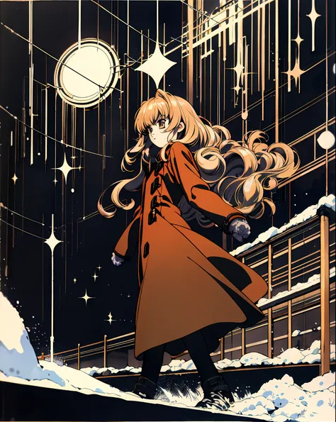 taiga aisaka walking by a train station on a snowy night, winter, snow, (gothic dress), (coat), vhs, vintage, manga style, black...