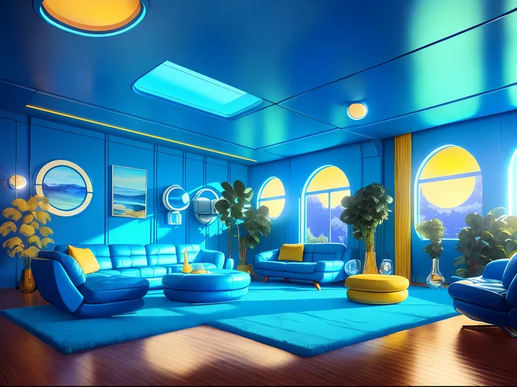 retrofuturism interior design，smooth sky blue color scheme，liveroom，cosy and comfortable living room，bright yellow sofa、brown ha...