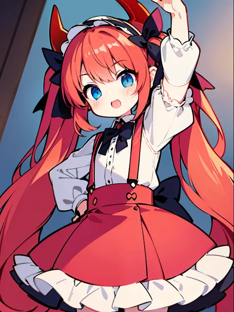 {{best quality}}, {{masterpiece}}, {{ultra-detailed}}, {illustration}, {detailed light}, red hair,blue eyes,twintails,lolita,Suspenders skirt,Fantastic,loli,solo,Dragon horns,little girl,long hair