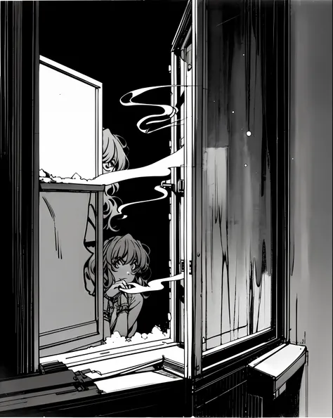 taiga aisaka smoking a cigarette looking out the window in a bedroom, (night), winter, (neon lights), ((monochrome)), vhs, vinta...